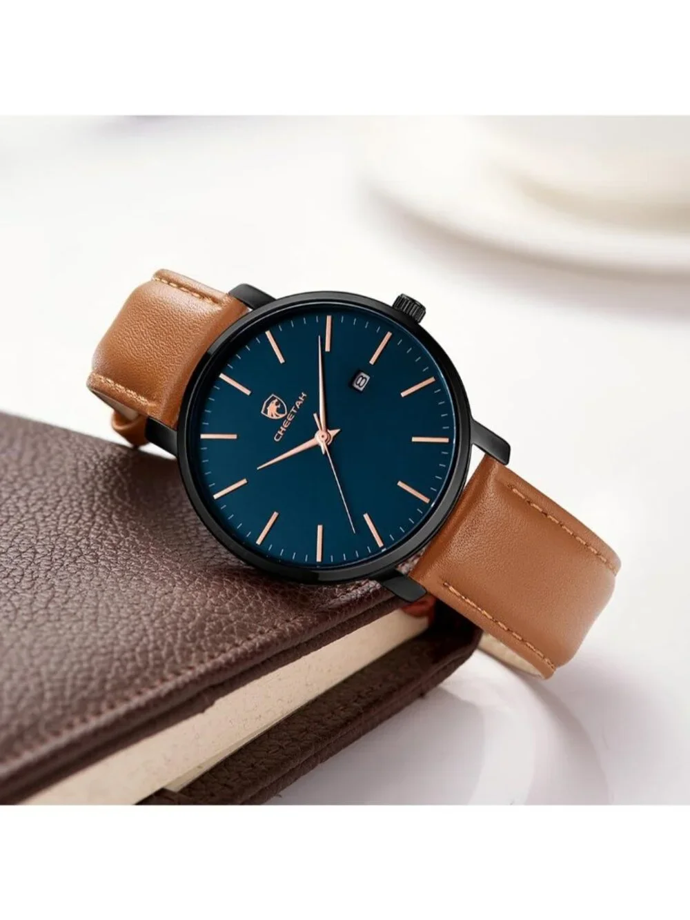 Men's Brown/Black/Blue Leather Strap Minimalist Waterproof Quartz Wrist Watch